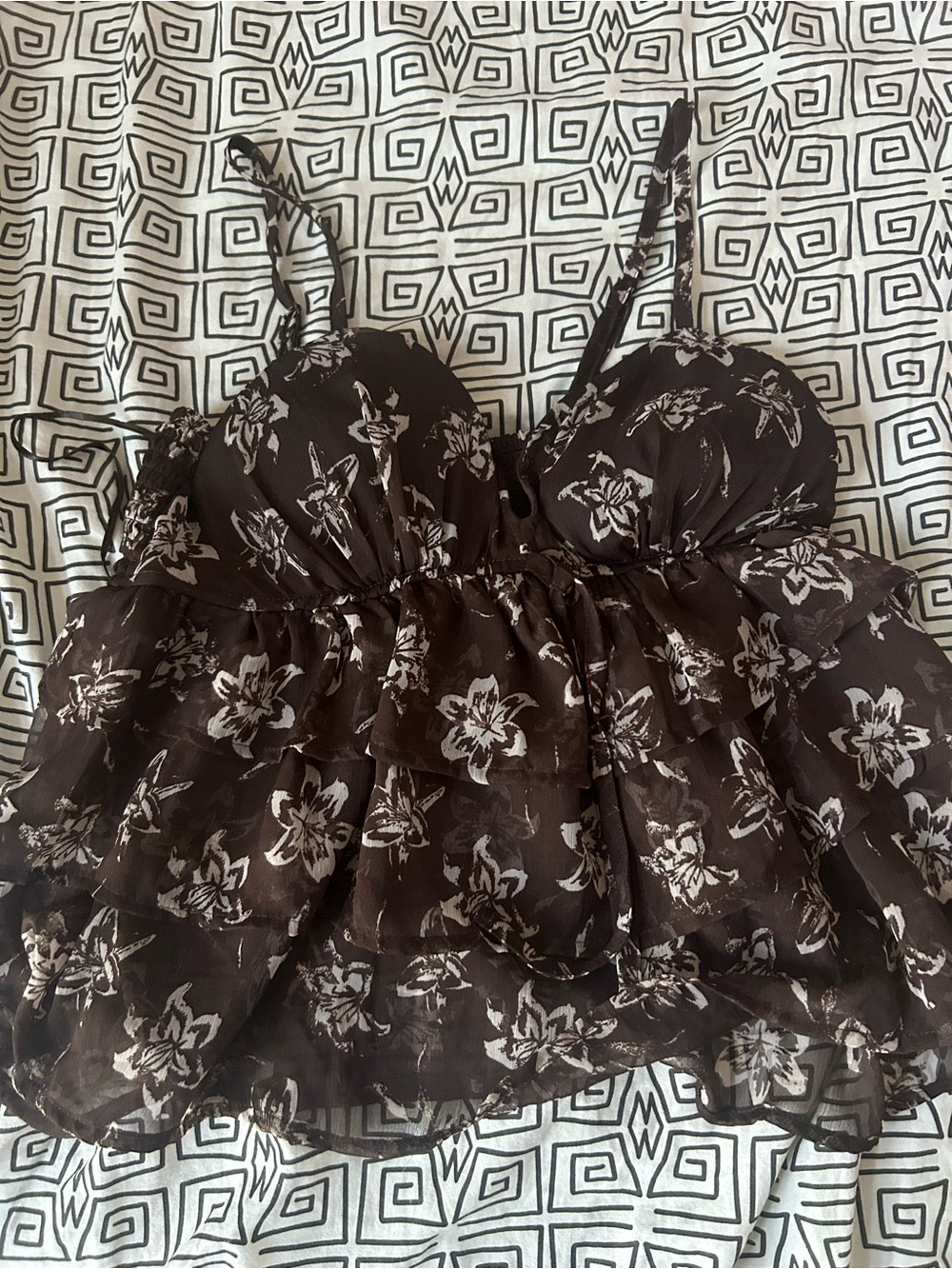 Japna Brown Floral Ruffle Camisole with White Flower Print